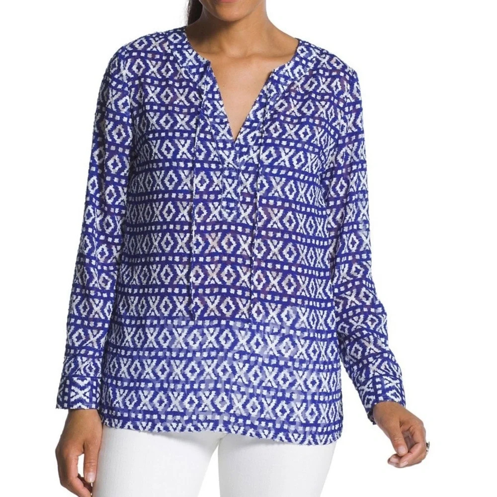 Chico’s Blue White Graphic Ikat Peasant Pop Over‎ Blouse